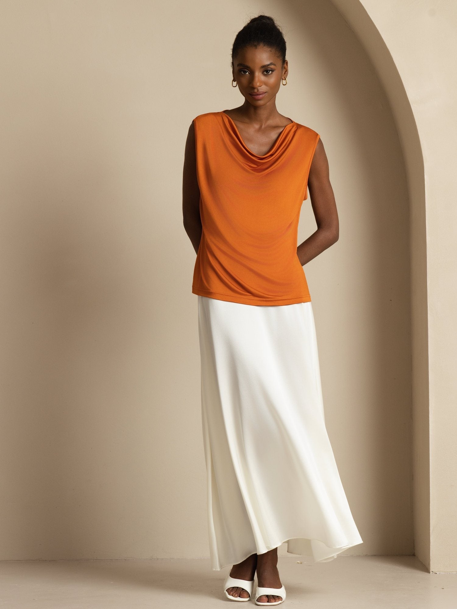 [Arancia] SilkSilky-IT Senza maniche Collo drappeggiato Magliette donna 005