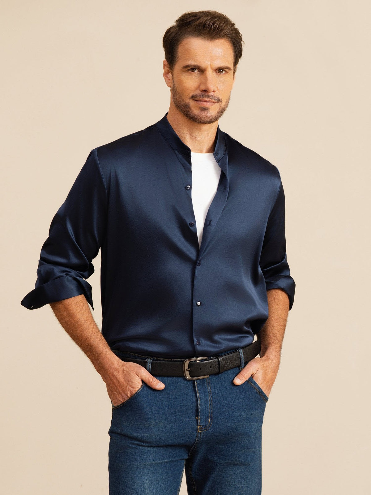 [Blu Scuro] SilkSilky-IT Long Sleeve Stand Collar Camicia da uomo 001