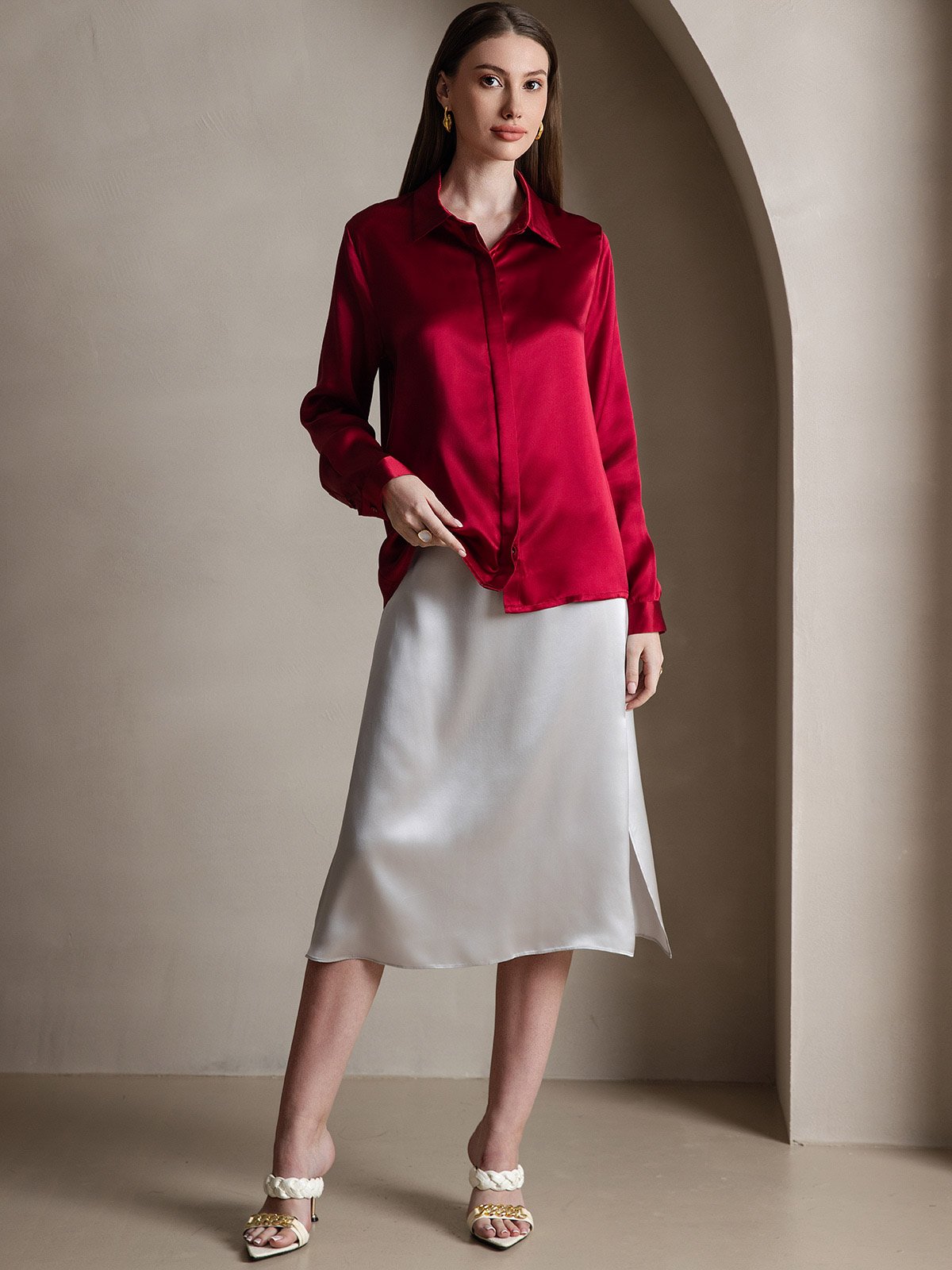 [Vino] SilkSilky-IT 19Momme Seta Manica lunga Colletto risvolto Camicie da donna 005