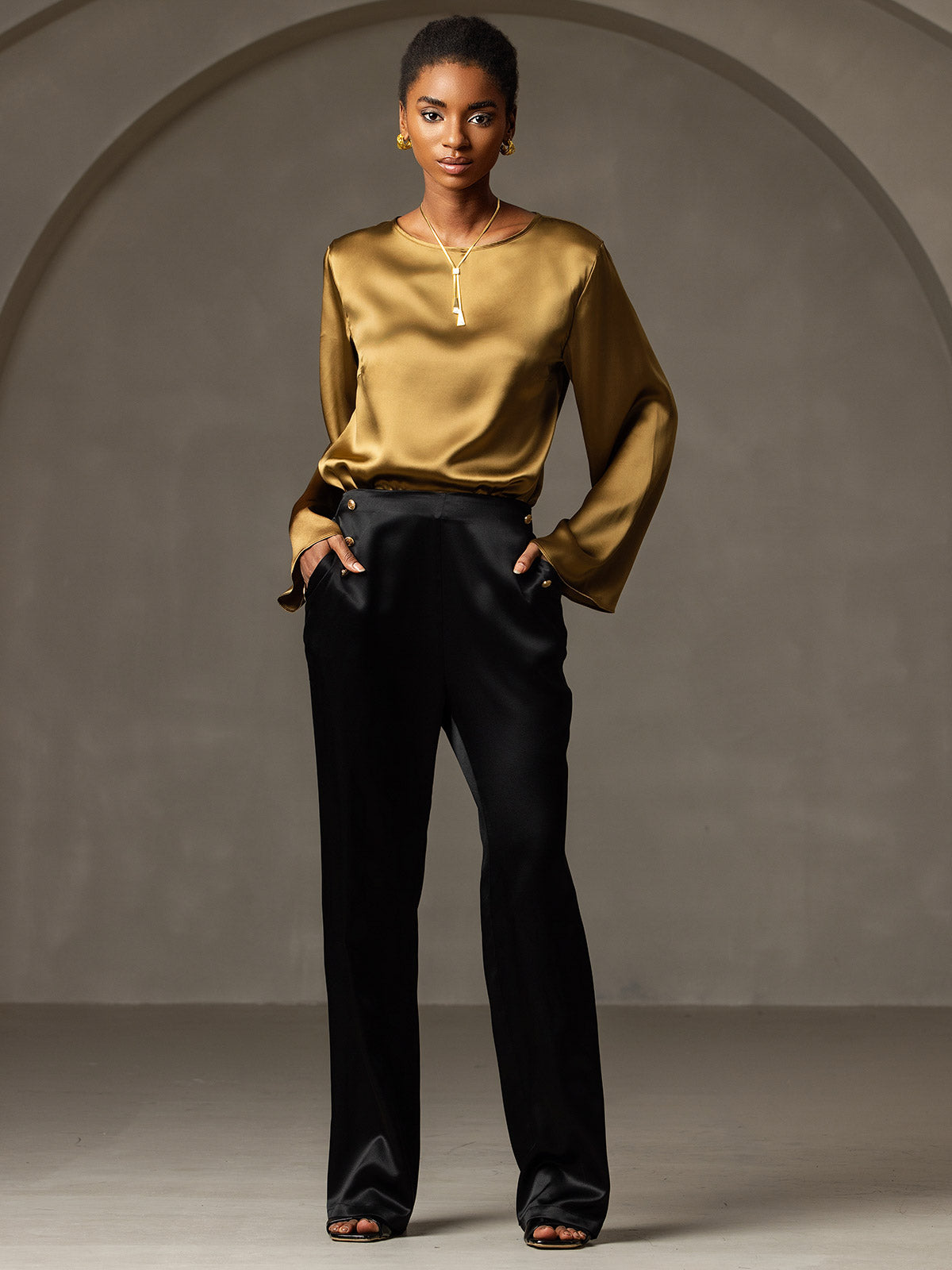 [Marrone] SilkSilky-IT 19Momme Seta Womens T-Shirt 008
