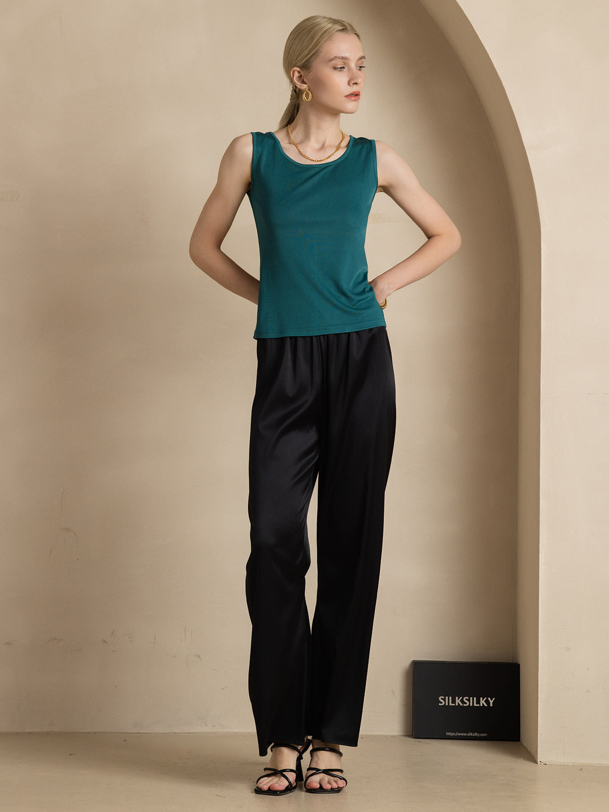 [Verde Scuro] SilkSilky-IT Maglia di seta Senza maniche Round Neck Magliette donna 006