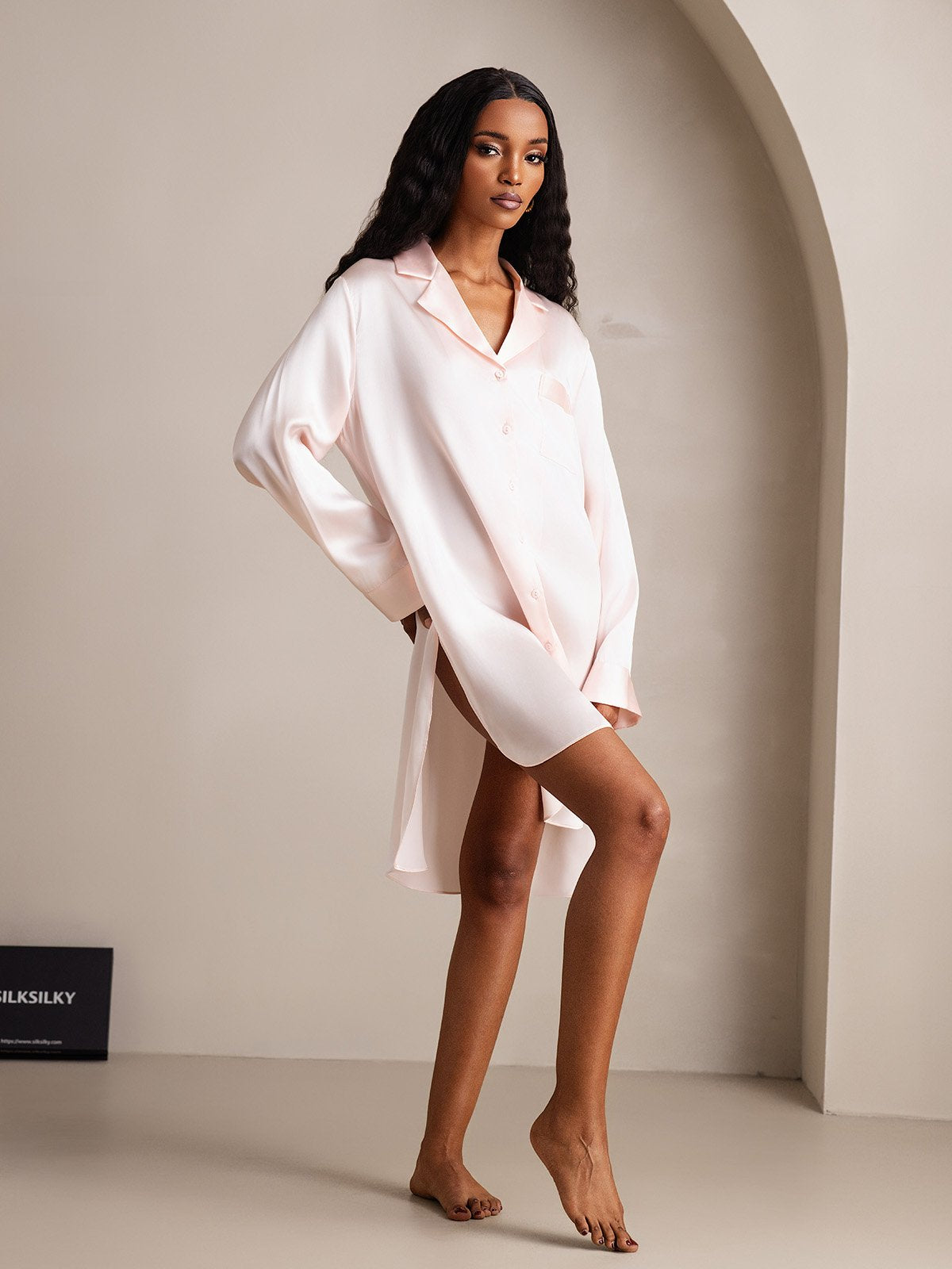 [RosaChiaro] SilkSilky-IT Seta pura Colletto risvolto Camicia da notte 005