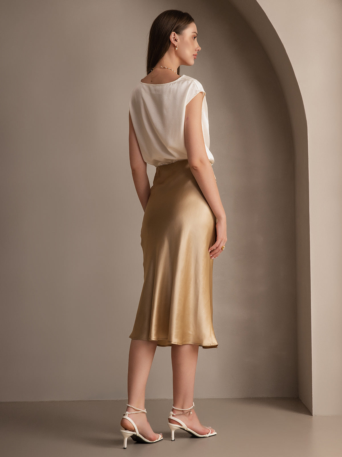 [Champagne] SilkSilky-IT 19Momme Seta pura Skirt 007,