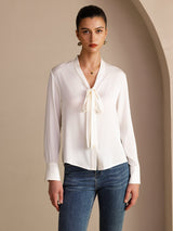 [Bianco] SilkSilky-IT Long Sleeve Tie Neck Bluse 001