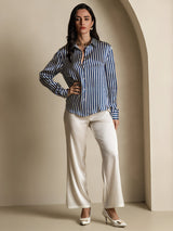 [Righe Navy] SilkSilky-IT Long Sleeve Lapel Collar Camicie da donna 008