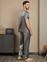 [Grigio Scuro] SilkSilky-IT Seta pura Maniche Corte Round Neck Pigiami da uomo 002