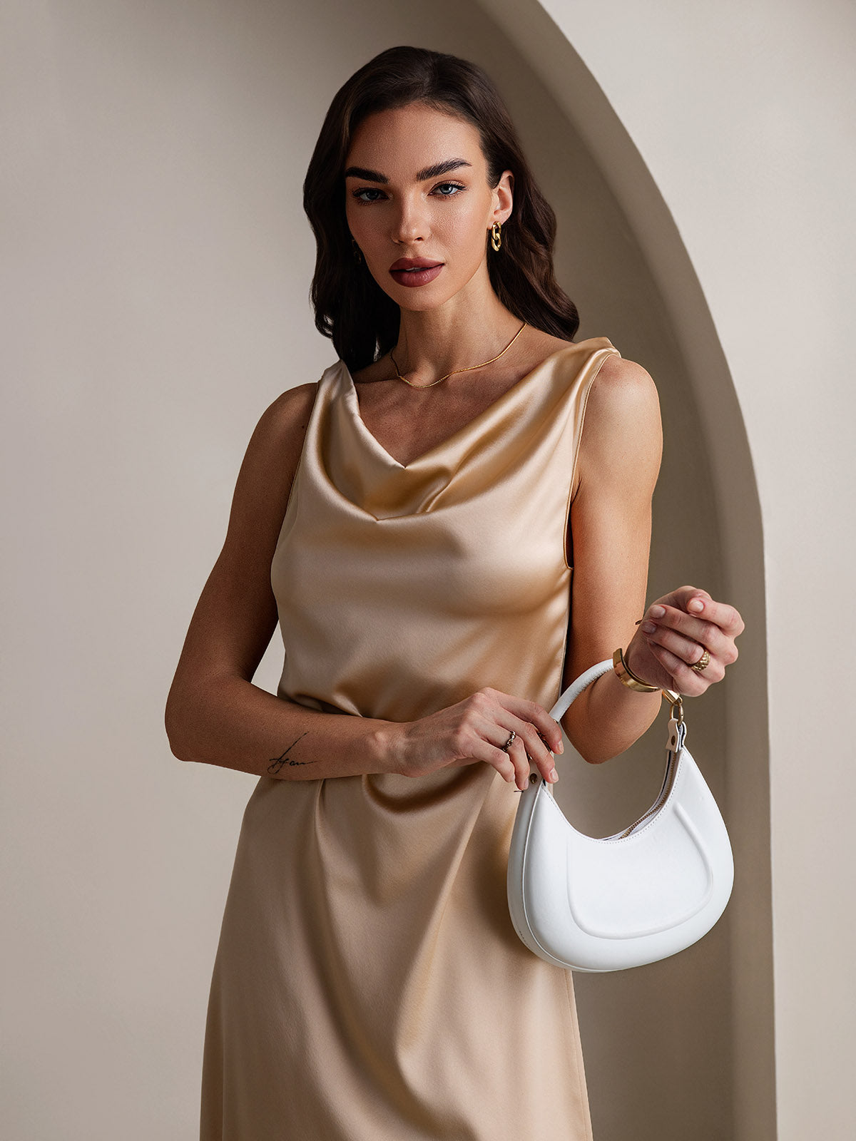 [Champagne] SilkSilky-IT 19Momme Seta Collo drappeggiato Vestiti da donna 002