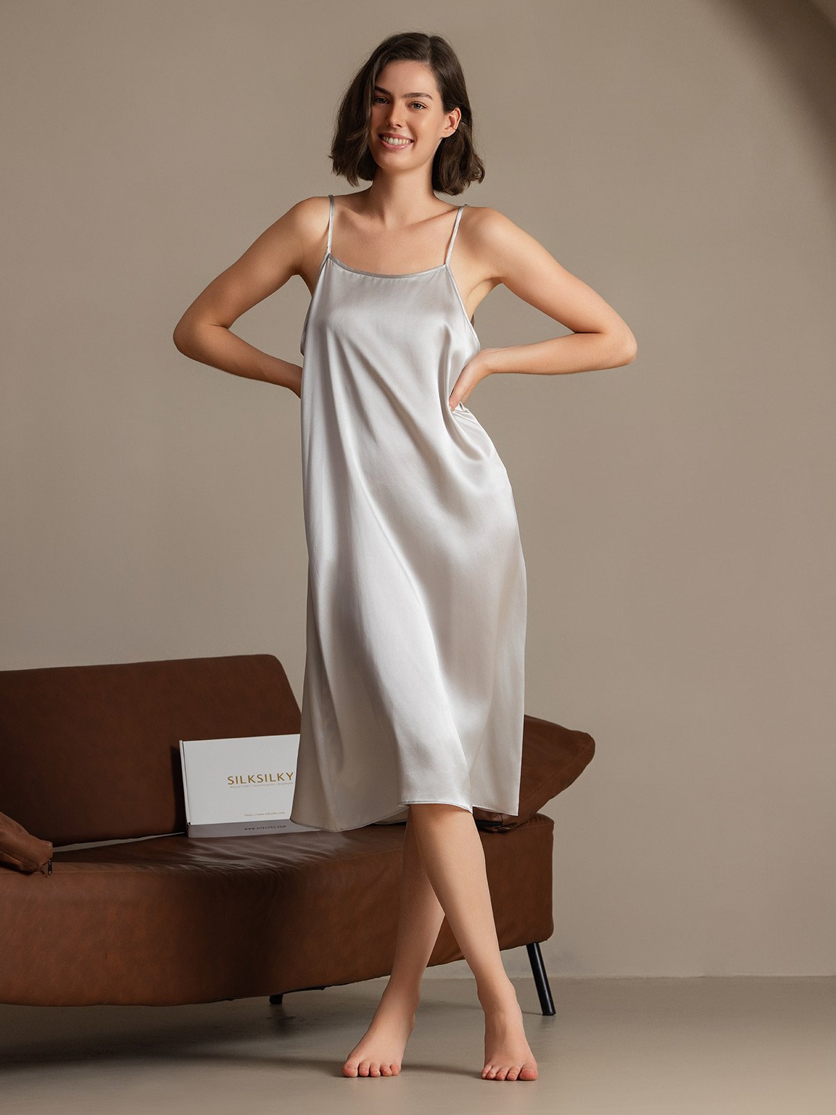 [Grigio Chiaro] SilkSilky-IT 19Momme Seta Senza maniche Dress 003