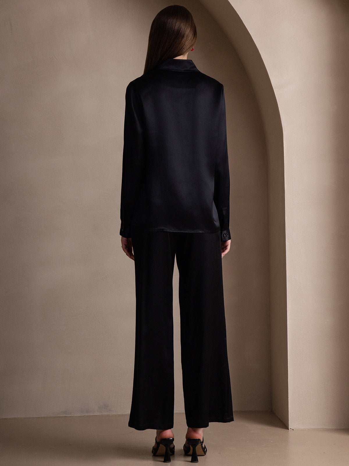 [Nero] SilkSilky-IT 19Momme Seta Manica lunga Colletto risvolto Camicie da donna 002