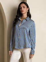 [Righe Navy] SilkSilky-IT Long Sleeve Lapel Collar Camicie da donna 003