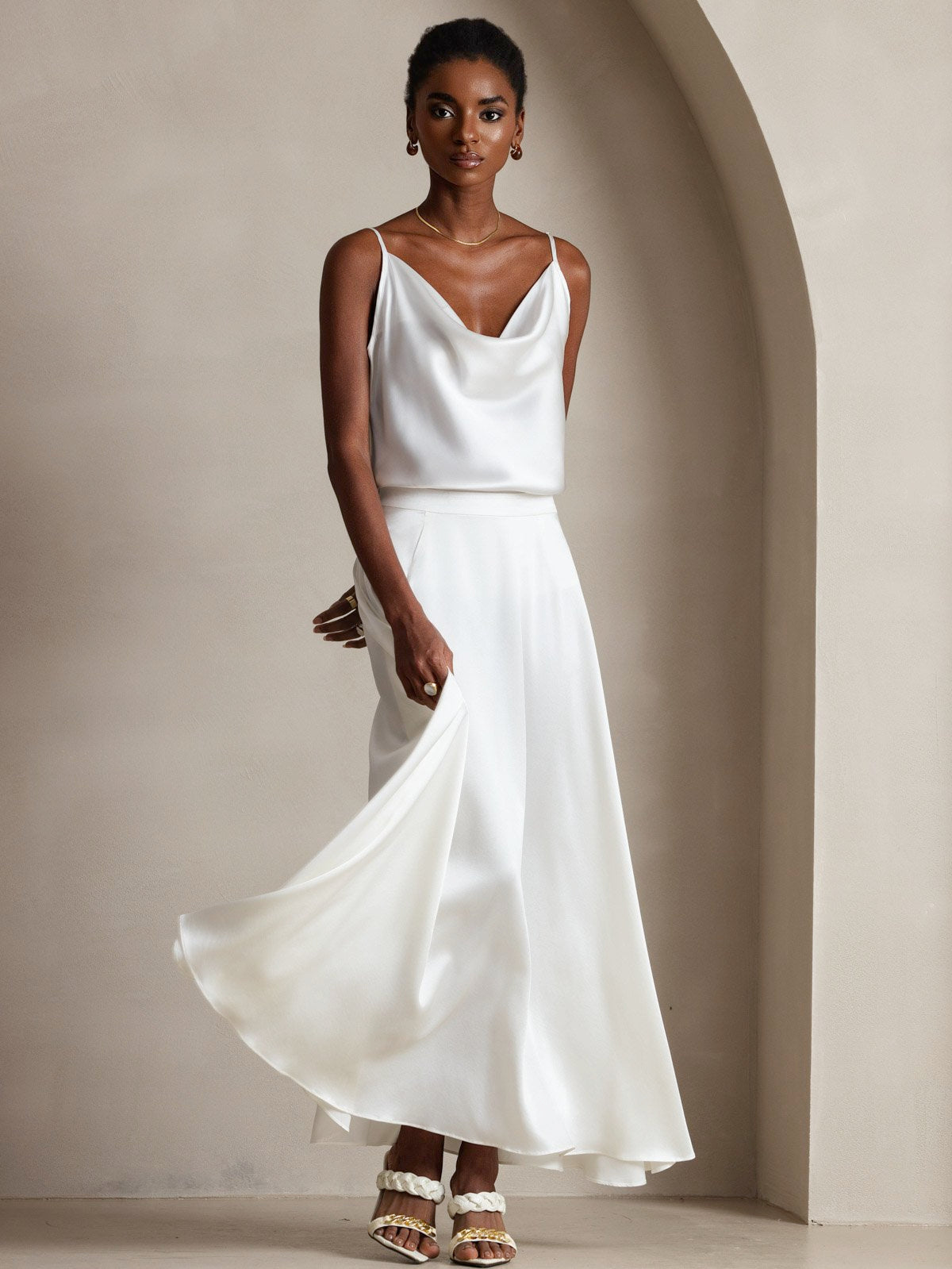 [Bianco] SilkSilky-IT 19Momme Tirantes Finos Collo drappeggiato Cami 007