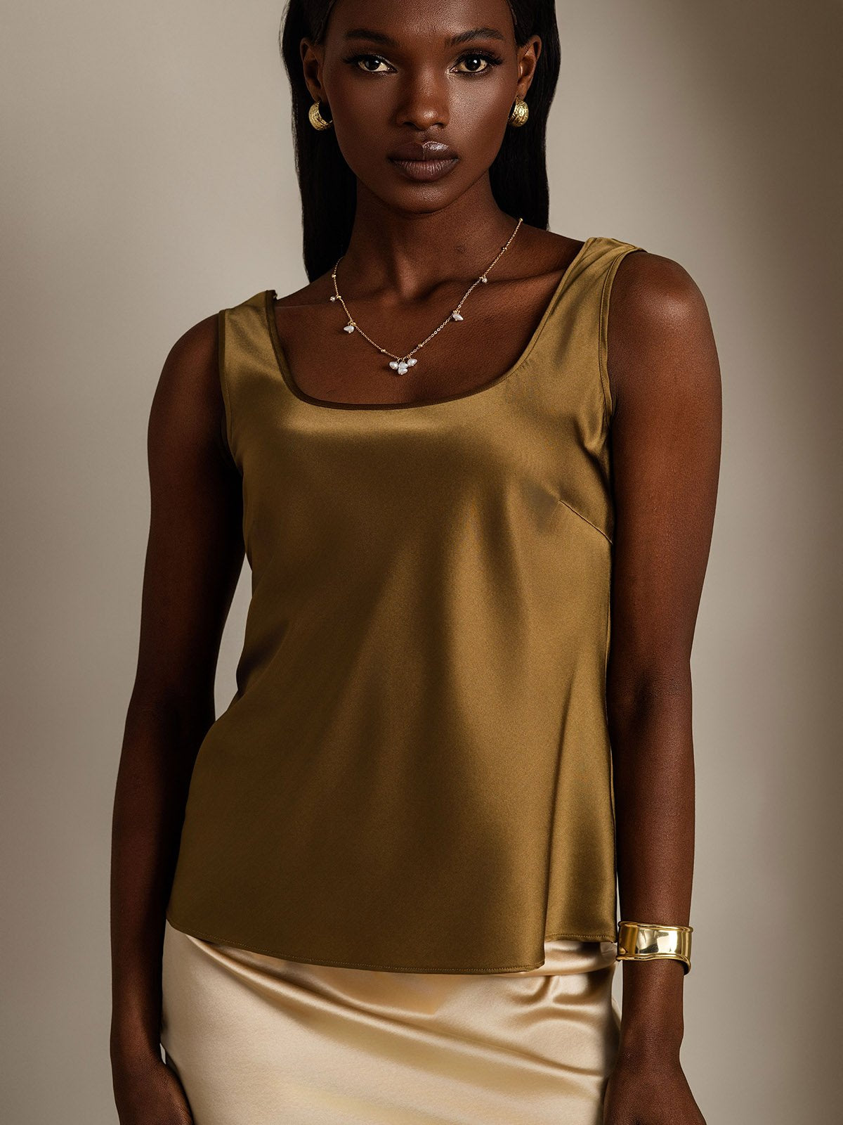 [Marrone] SilkSilky-IT 19Momme Seta Collo a U Cami 004