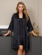 [Nero] SilkSilky-IT A tre quarti Scollo a V Set camicia e vestaglia 005