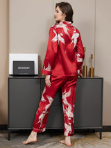 [Rosso Scuro] SilkSilky-IT Long Sleeve Lapel Collar Pigiami da donna 006