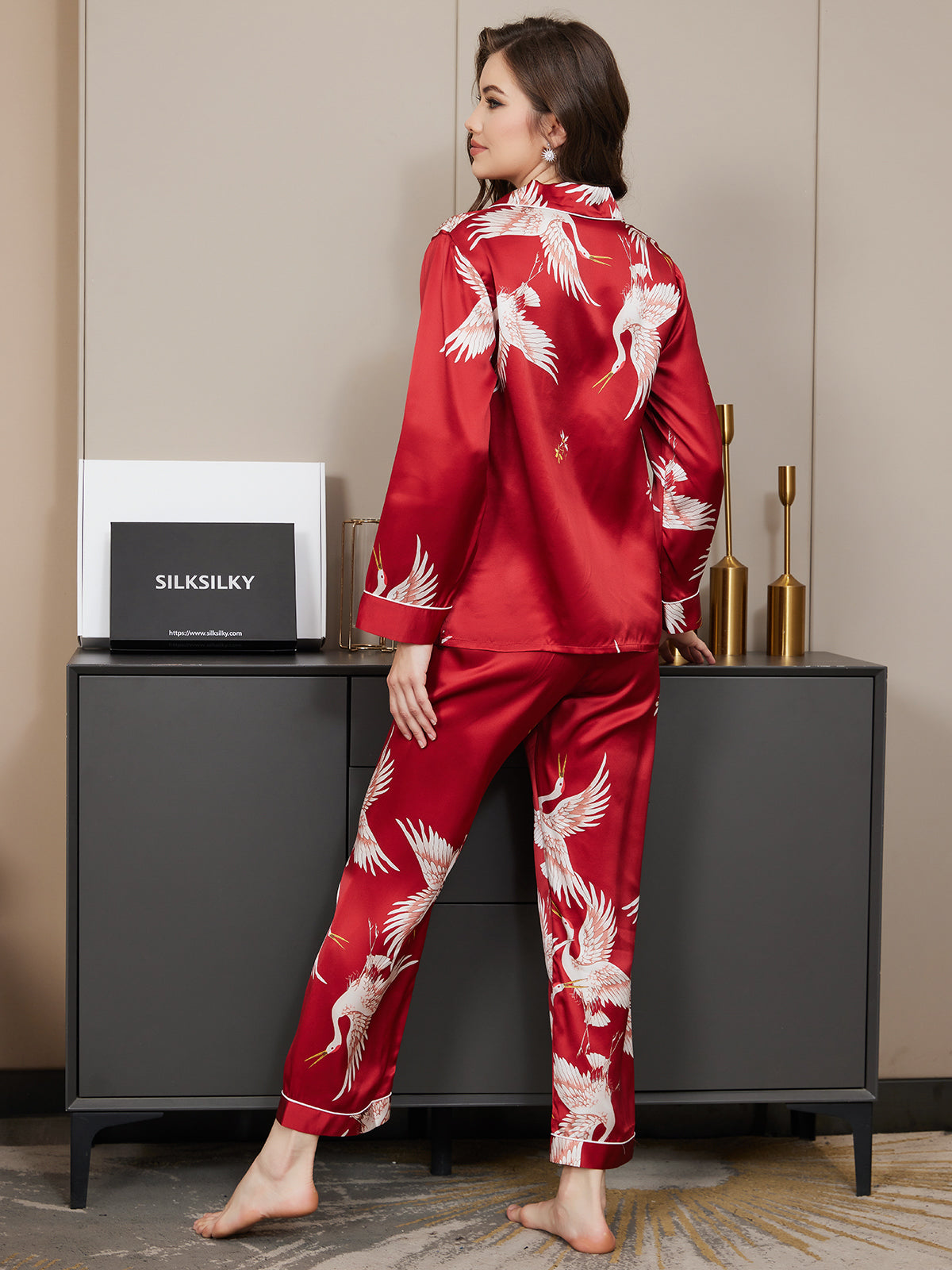[Rosso Scuro] SilkSilky-IT 19Momme Seta pura Manica lunga Collo risvolto dentellato Pigiami da donna 006