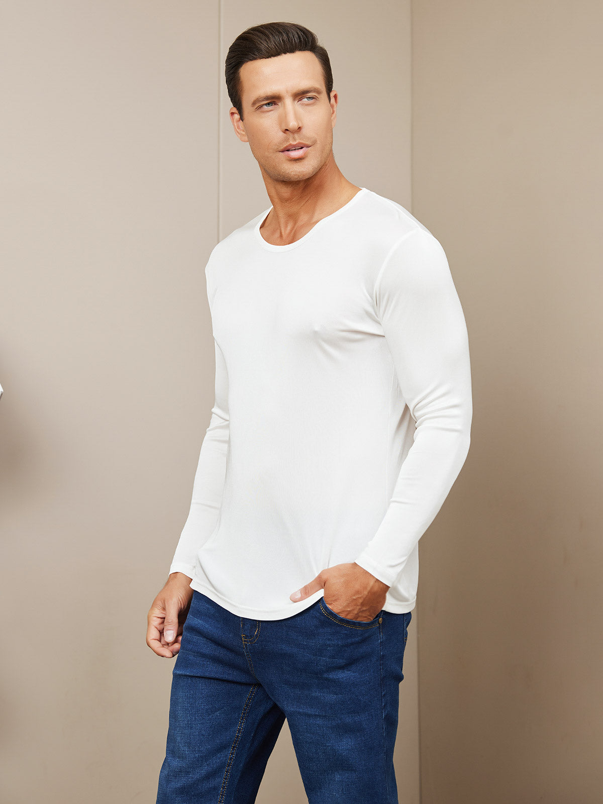 SilkSilky IT Maglia di seta Manica lunga Round Neck Maglietta da uomo Bianco 001