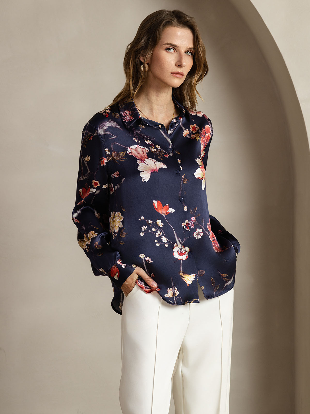 [Floreale Blu Navy] SilkSilky-IT Seta Colletto risvolto Camicie da donna 001