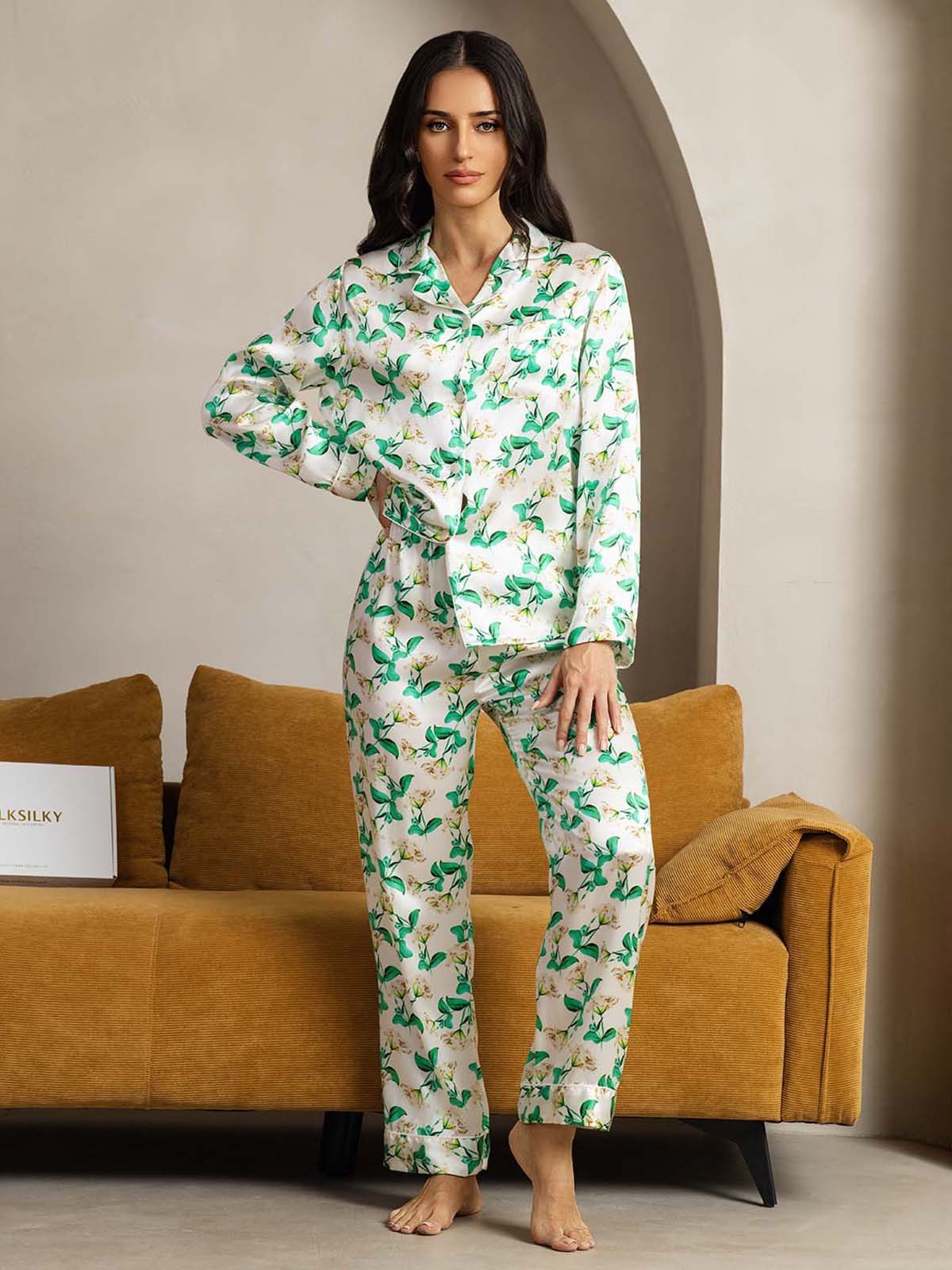 [Floreale Verde] SilkSilky-IT Seta pura Womens Pajamas 003