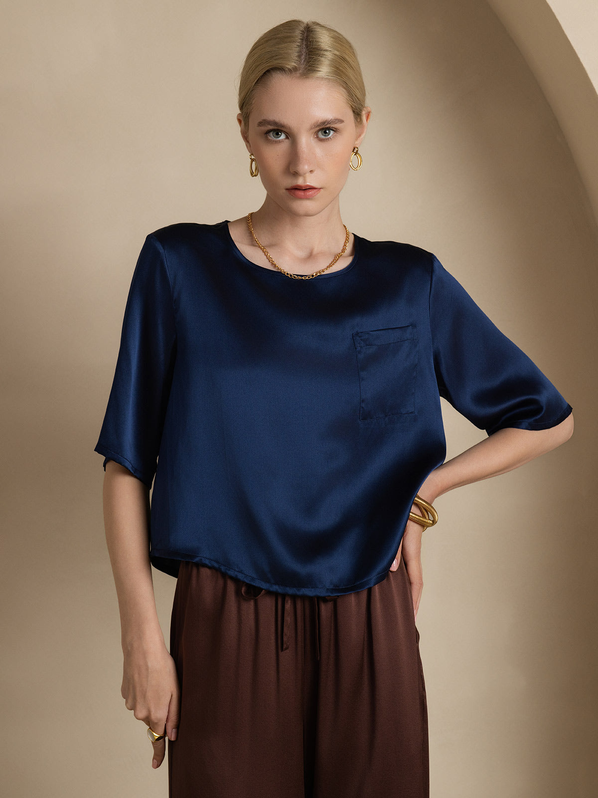 [Blu Scuro] SilkSilky-IT Seta pura Womens T-Shirt 003