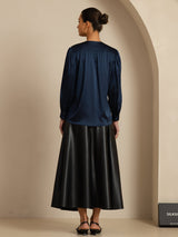 [Blu Scuro] SilkSilky-IT 19Momme Long Sleeve Round Neck Camicette 002