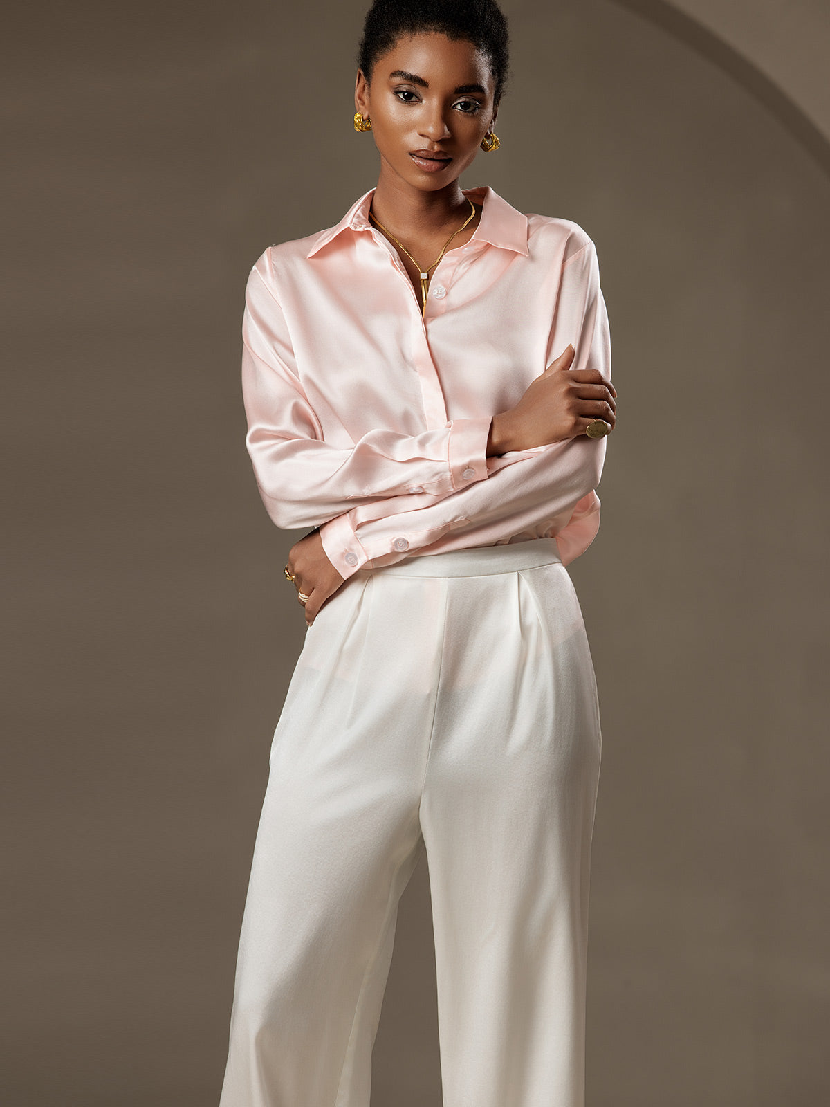 [Rosa] SilkSilky-IT 19Momme Seta Lapel Collar Camicie da donna 006