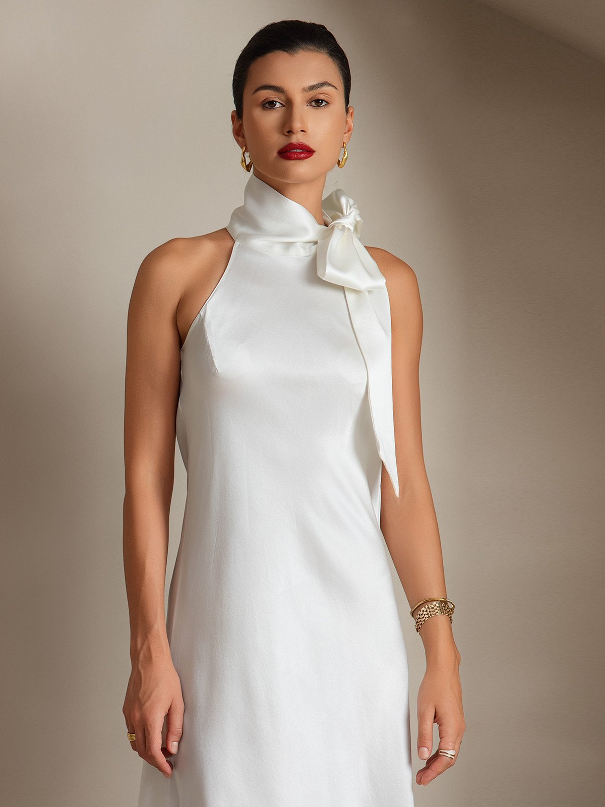 [Bianco] SilkSilky-IT 19Momme Seta Senza maniche Nodo al collo Vestiti da donna 003