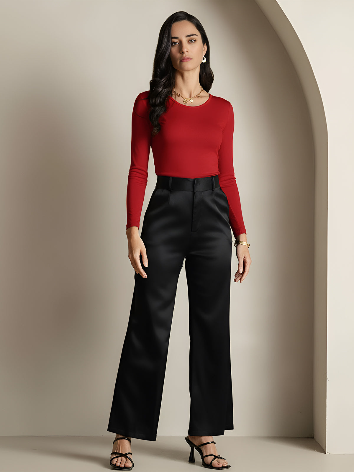 [Vino] SilkSilky-IT Manica lunga Scollo rotondo Magliette donna 007