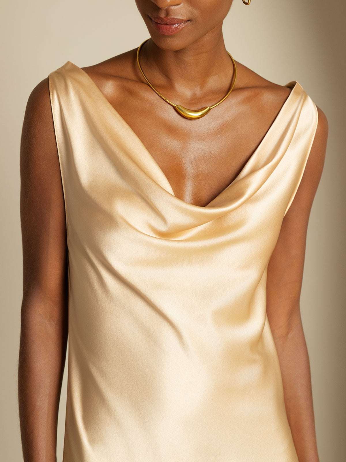 [Champagne] SilkSilky-IT 19Momme Seta Collo drappeggiato Vestiti da donna 003
