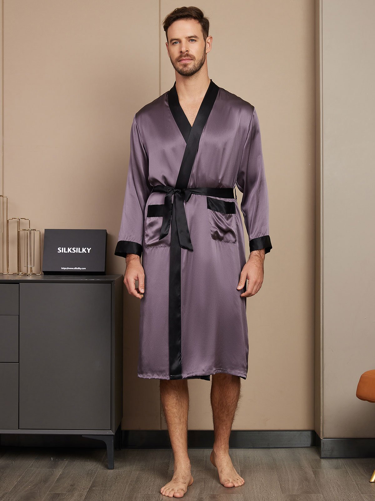 SilkSilky IT Seta pura Manica lunga Mens Robe GrigioPorpora 001