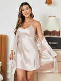 SilkSilky IT Seta pura Manica lunga Nightgown&Robe Set Beige 004