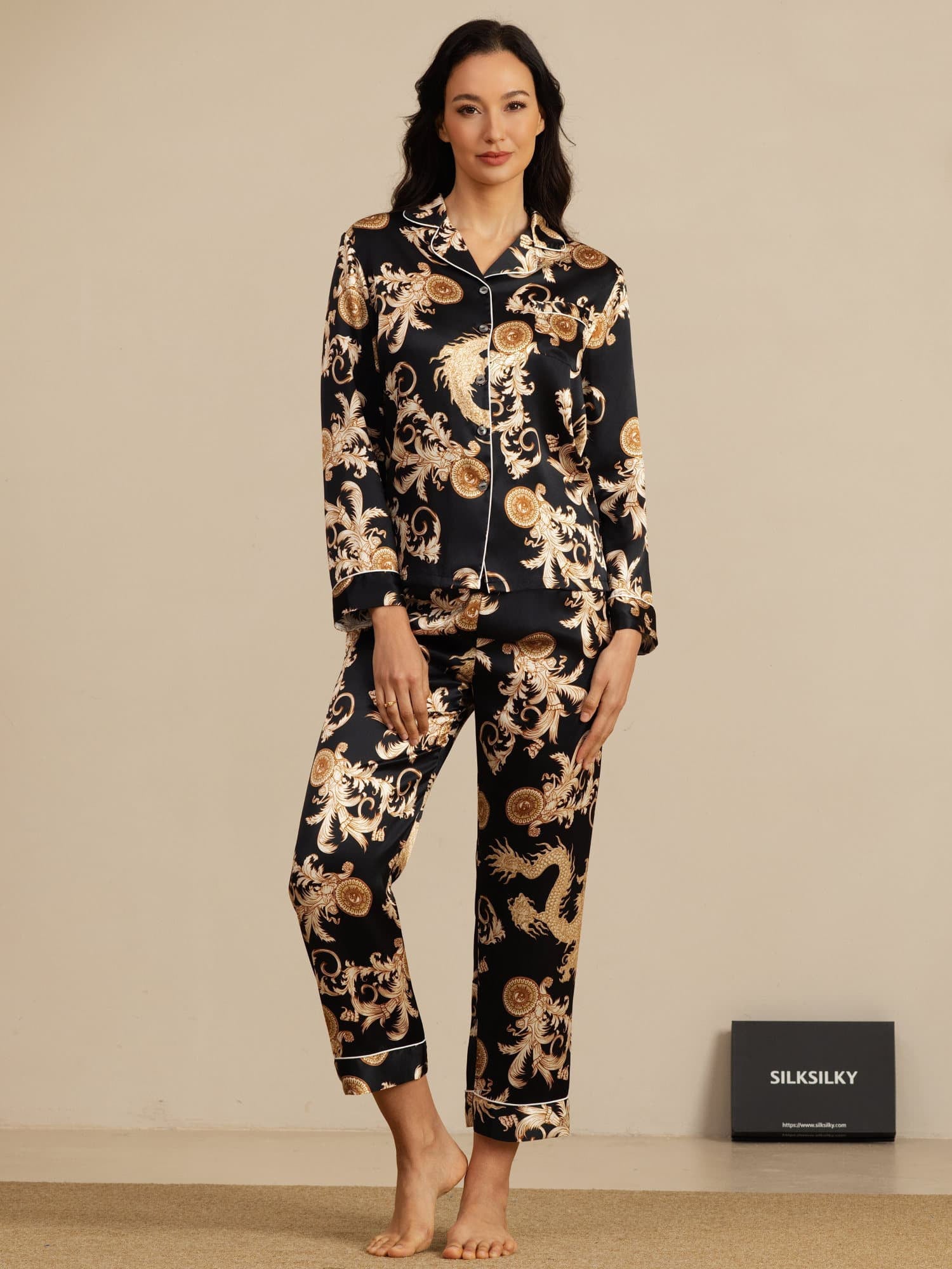 [Drago Nero] SilkSilky-IT Manica lunga Collo a Taglio Pigiami da donna 007