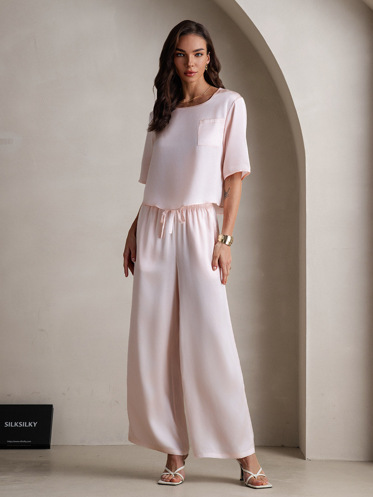 [Rosa] SilkSilky-IT Manga media Scollo rotondo Pigiami da donna 004