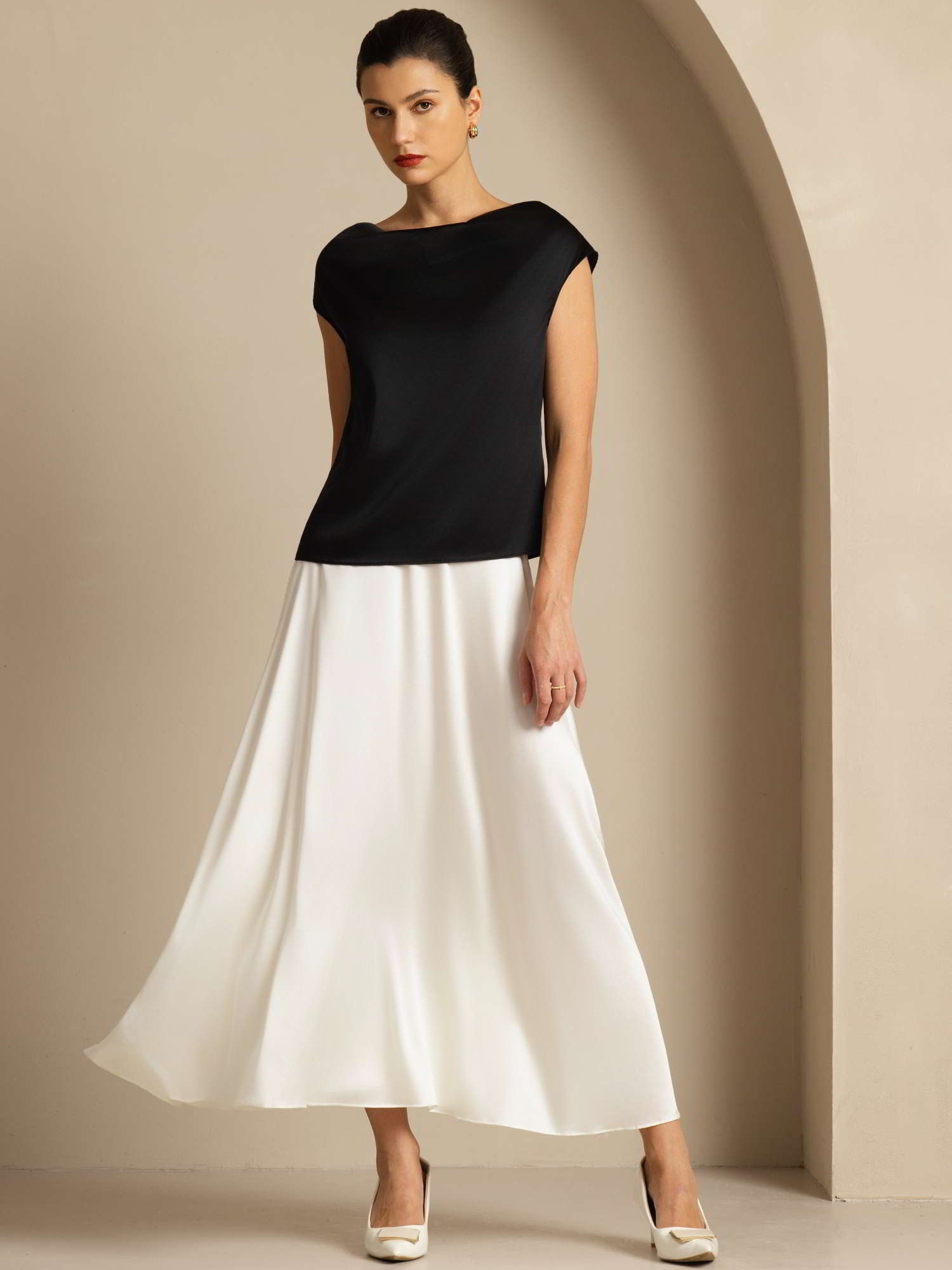 [Nero] SilkSilky-IT 19Momme Seta Senza maniche Collo drappeggiato Magliette donna 006