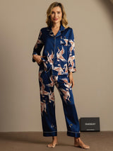 [Blu Scuro] SilkSilky-IT 19Momme Manica lunga Collo a Taglio Pigiami da donna 004