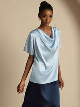 [Blu Grigiastro] SilkSilky-IT Short Sleeve Cowl Neck Bluse 005