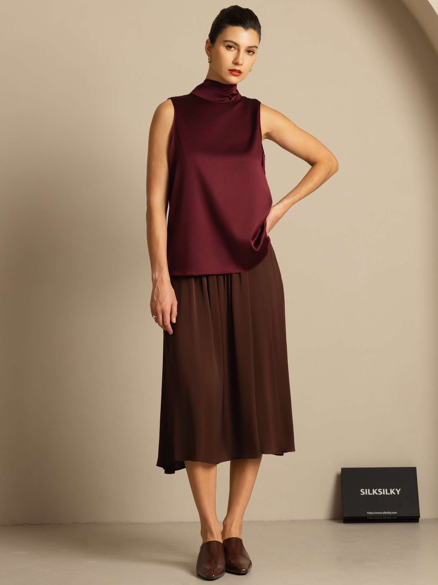 [Rosso Scuro] SilkSilky-IT 19Momme Senza maniche Collo con fiocco Camicette 009