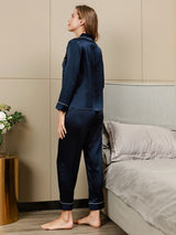 [Blu Scuro] SilkSilky-IT Long Sleeve Lapel Collar Pigiami da donna 004