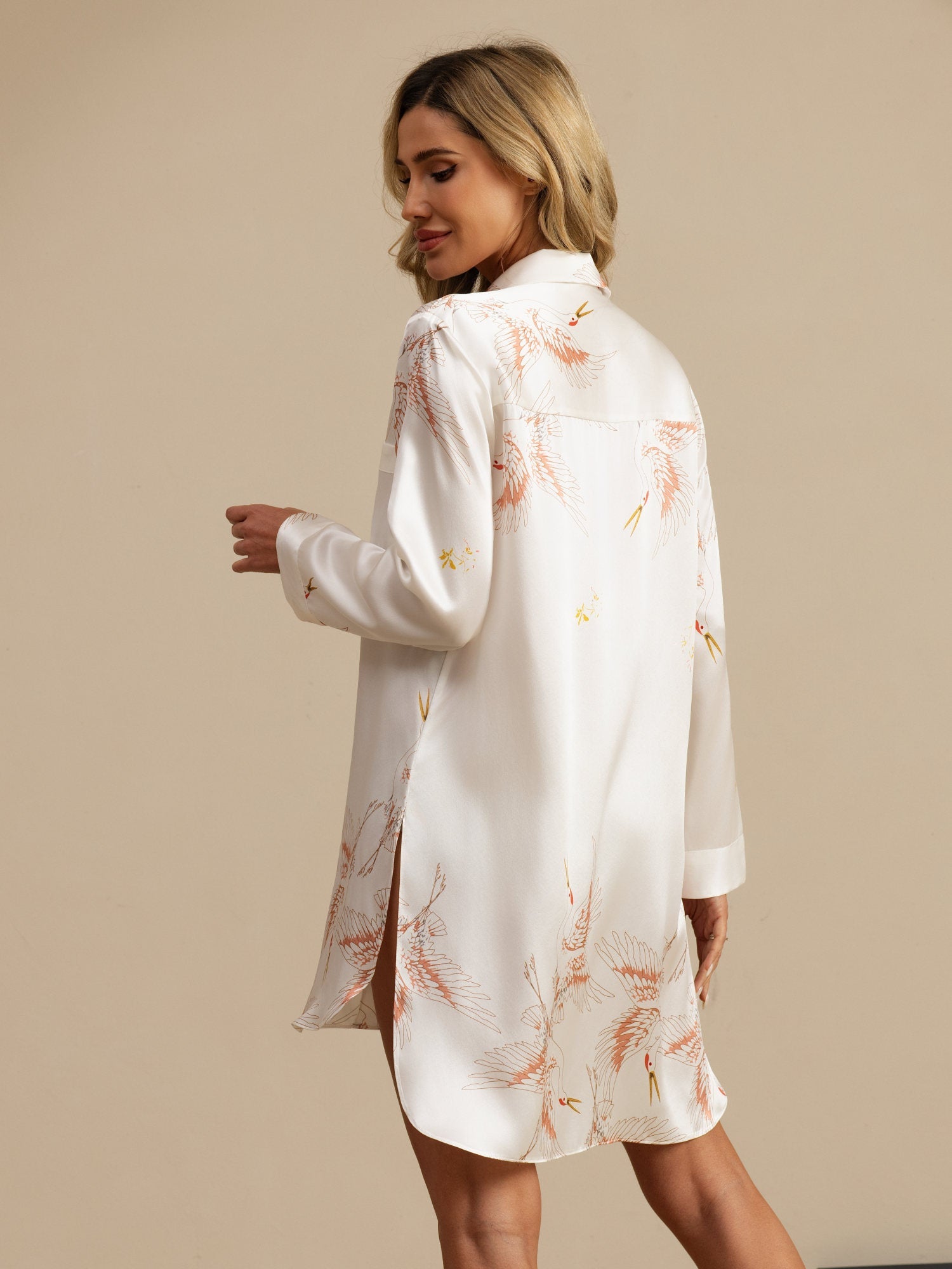 [Bianco] SilkSilky-IT 19Momme Manica lunga Collo a Taglio Camicia da notte 002