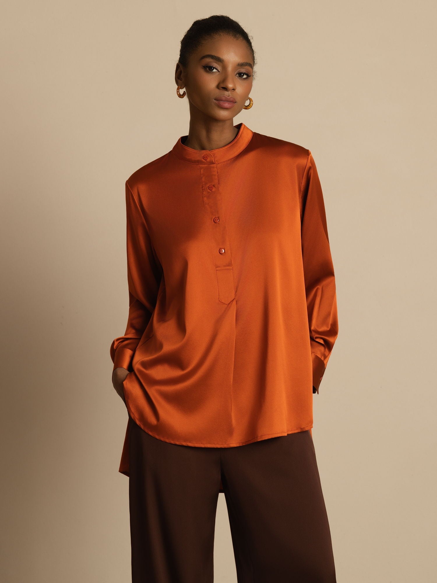 [Caramello] SilkSilky-IT 19Momme Seta Manica lunga Collo Alto Camicette 001