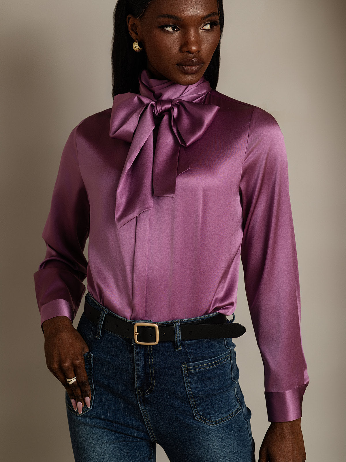 [Viola Scuro] SilkSilky-IT 19Momme Manica lunga Camicette 003