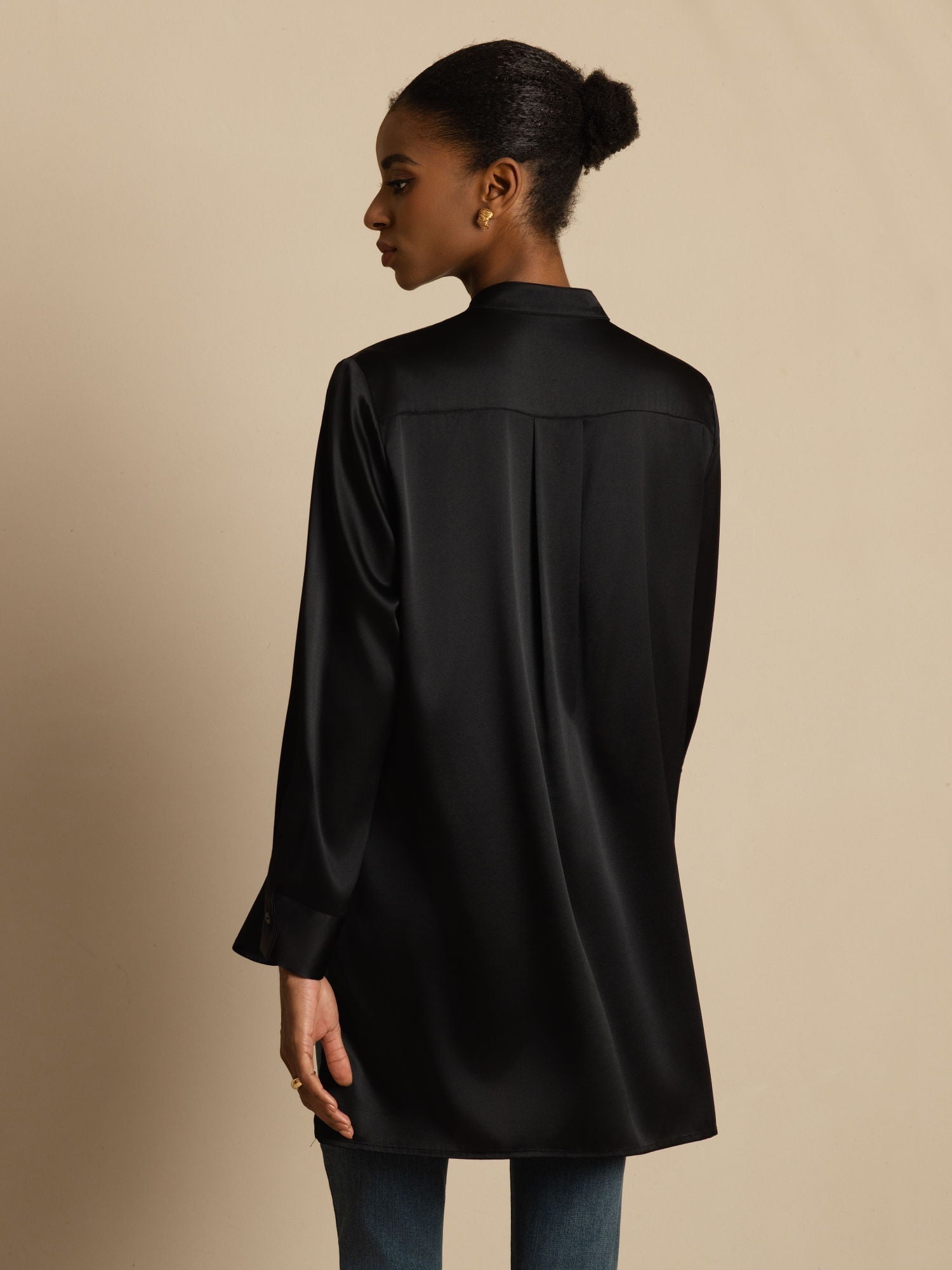 [Nero] SilkSilky-IT 19Momme Seta Manica lunga Collo Alto Camicette 002