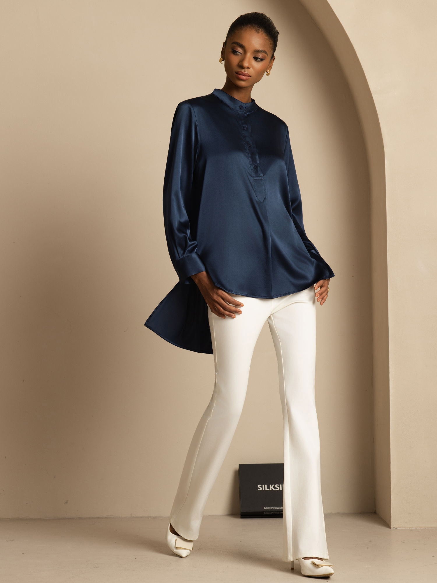 [Blu Scuro] SilkSilky-IT 19Momme Seta Manica lunga Collo Alto Camicette 001