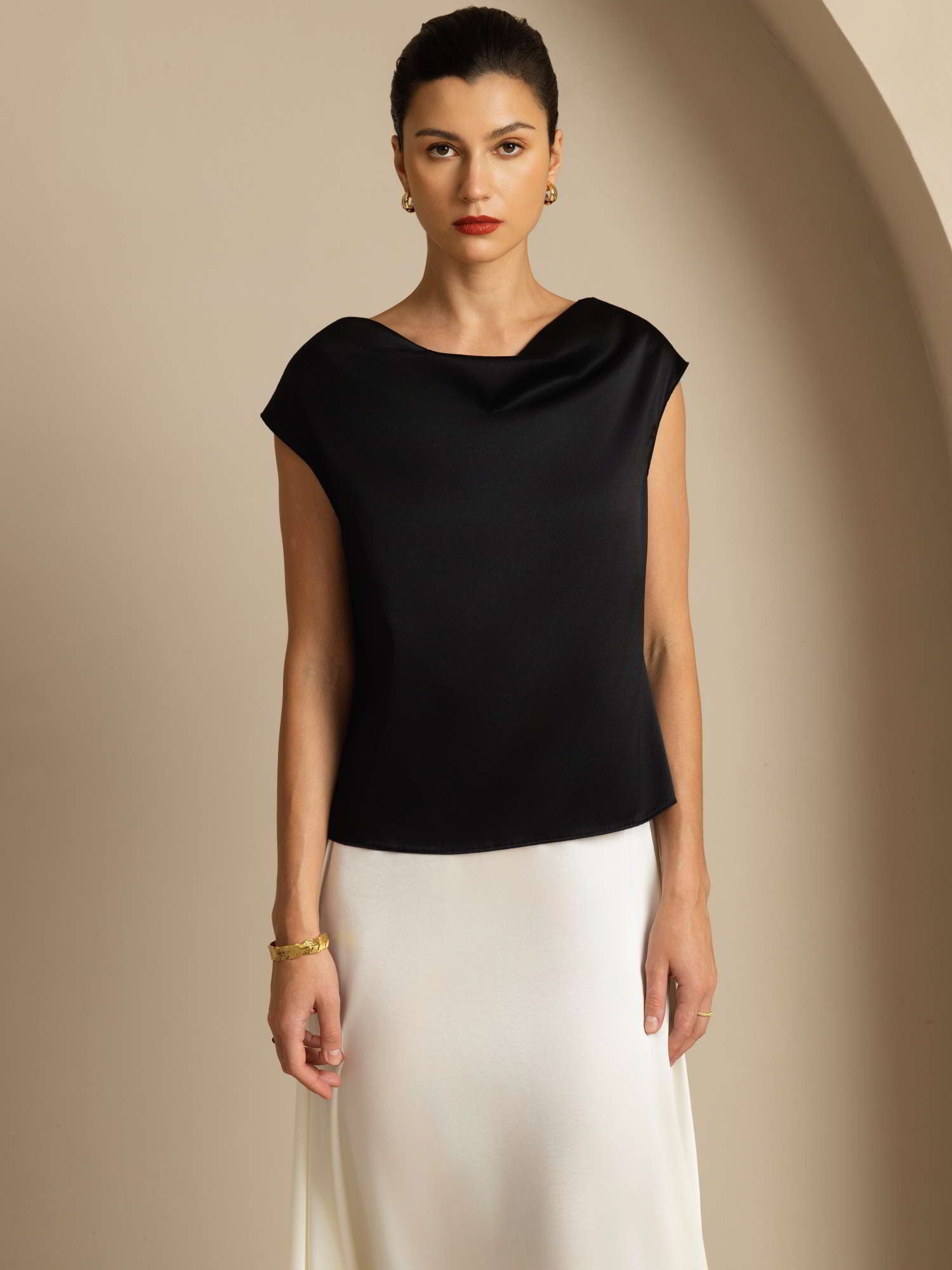 [Nero] SilkSilky-IT 19Momme Seta Senza maniche Collo drappeggiato Magliette donna 004