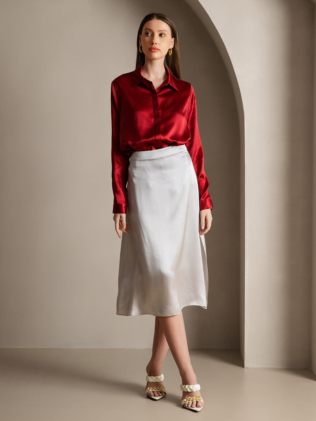 [Vino] SilkSilky-IT 19Momme Seta Lapel Collar Camicie da donna 006