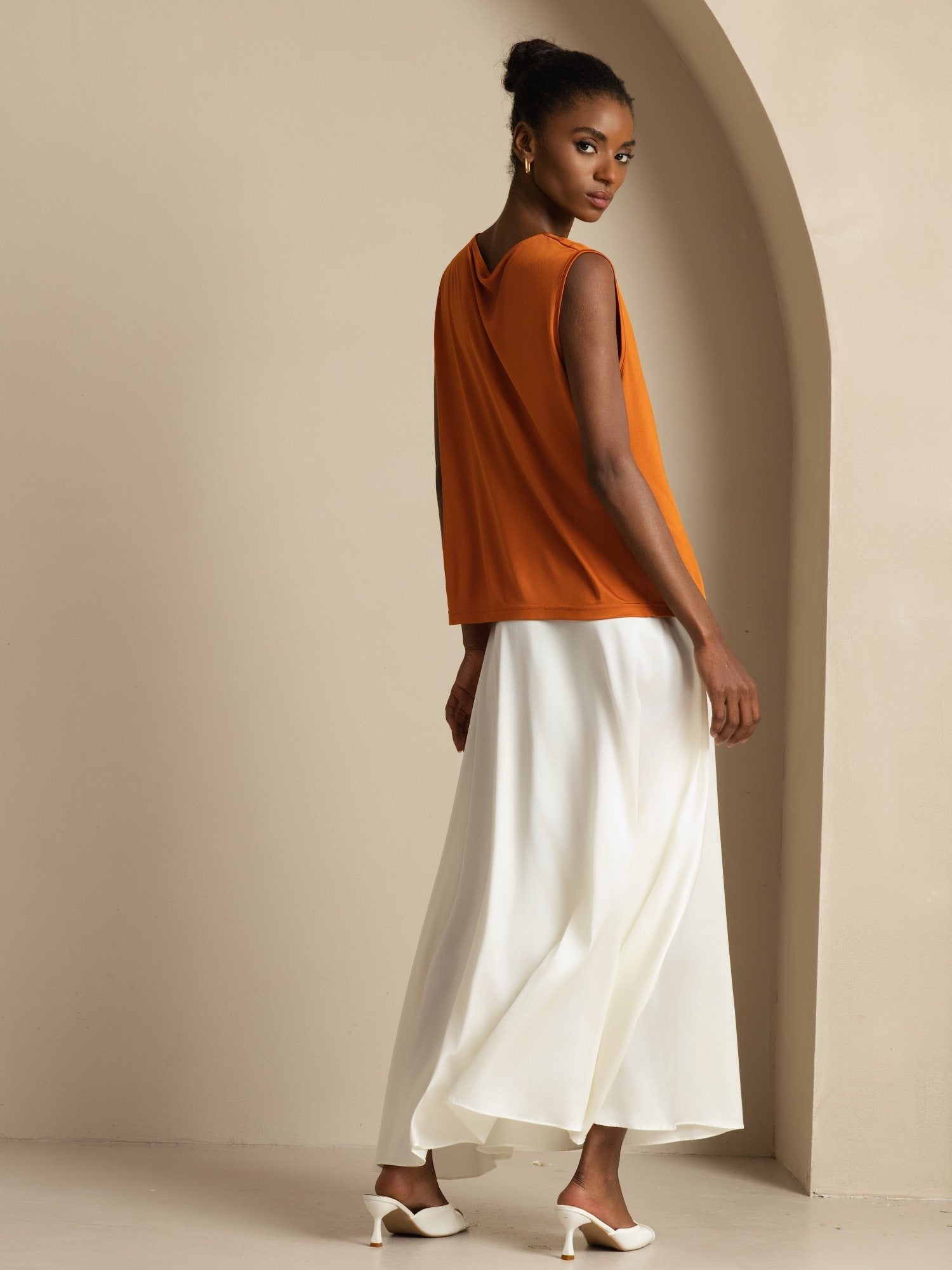 [Arancia] SilkSilky-IT Senza maniche Collo drappeggiato Magliette donna 002