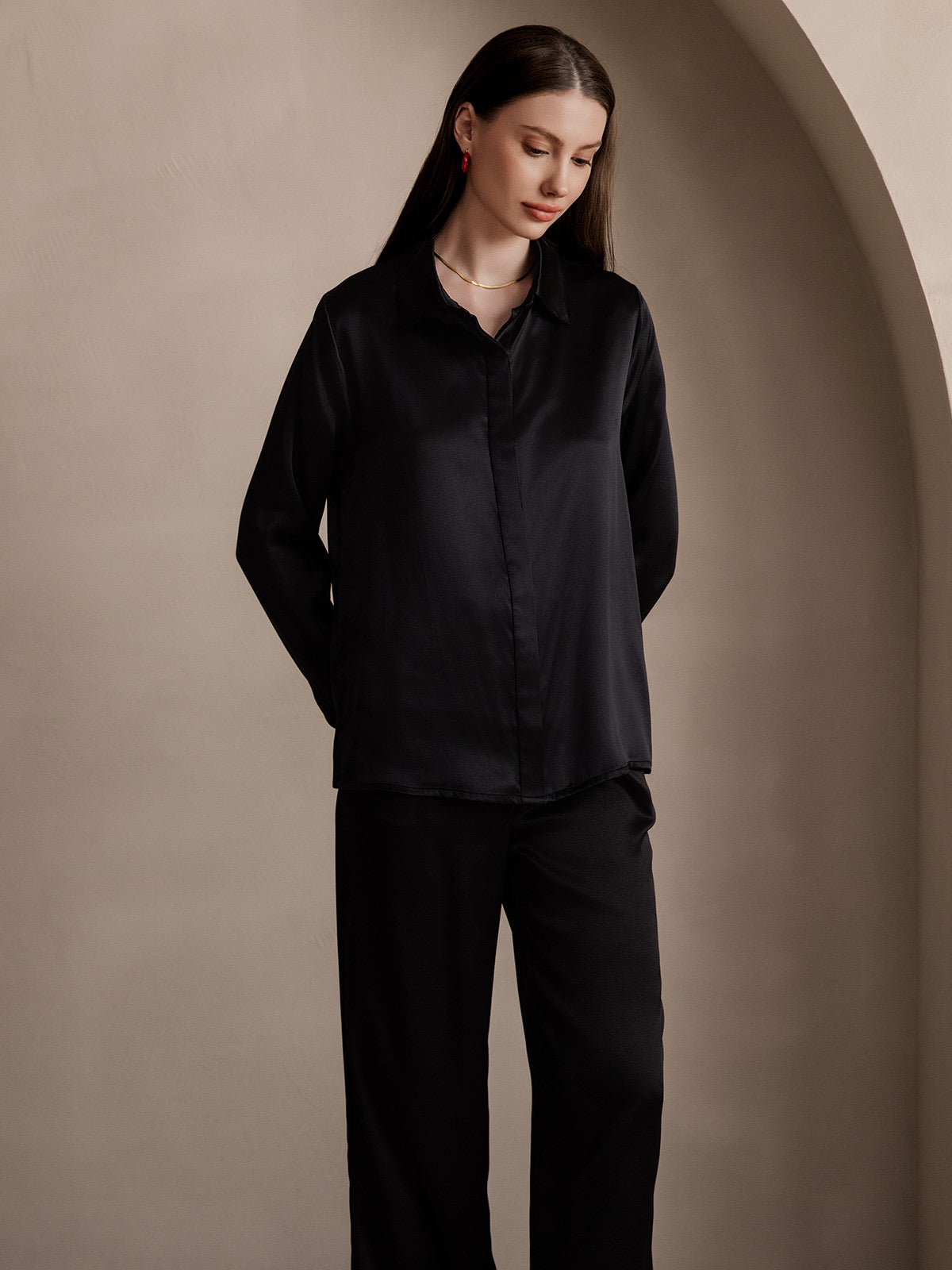 [Nero] SilkSilky-IT 19Momme Seta Lapel Collar Camicie da donna 005