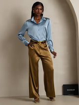 [Blu Grigiastro] SilkSilky-IT Long Sleeve Lapel Collar Camicie da donna 008