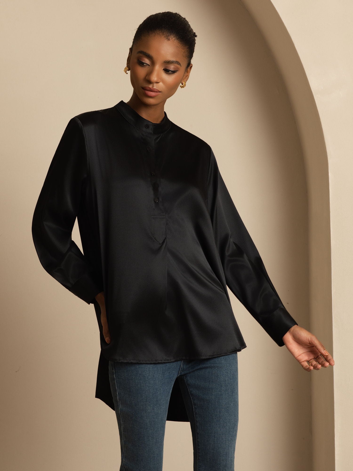 [Nero] SilkSilky-IT 19Momme Seta Manica lunga Collo Alto Camicette 005