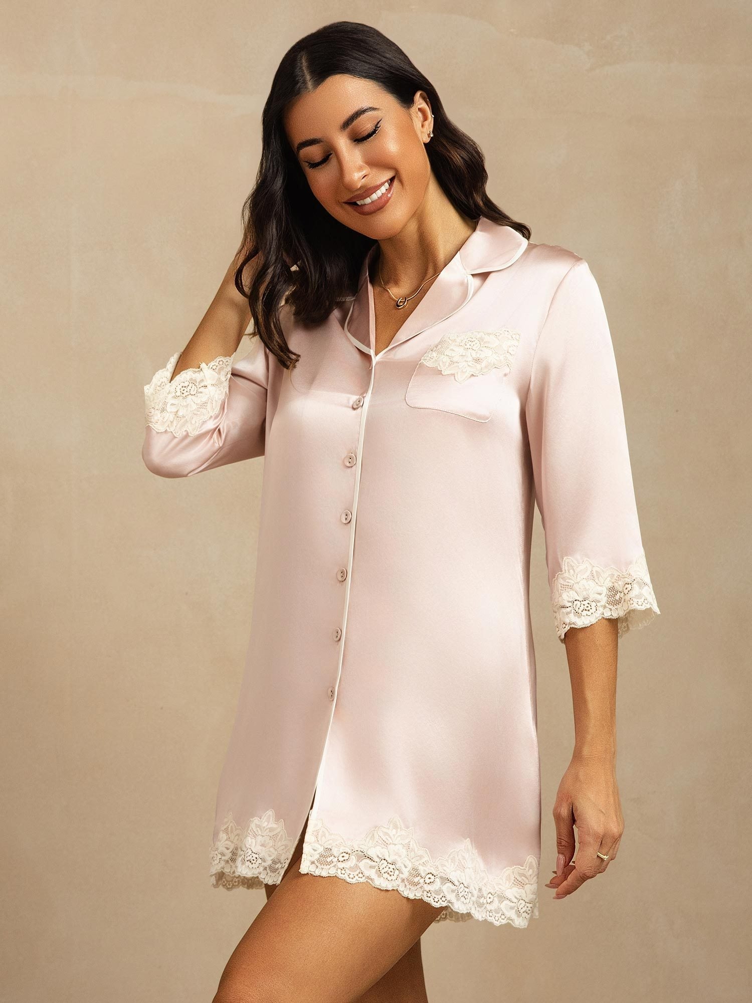 [Rosa] SilkSilky-IT Seta pura Colletto risvolto Camicia da notte 008