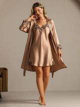 [Marrone] SilkSilky-IT 3/4 Sleeve V Neck Set camicia e vestaglia 009